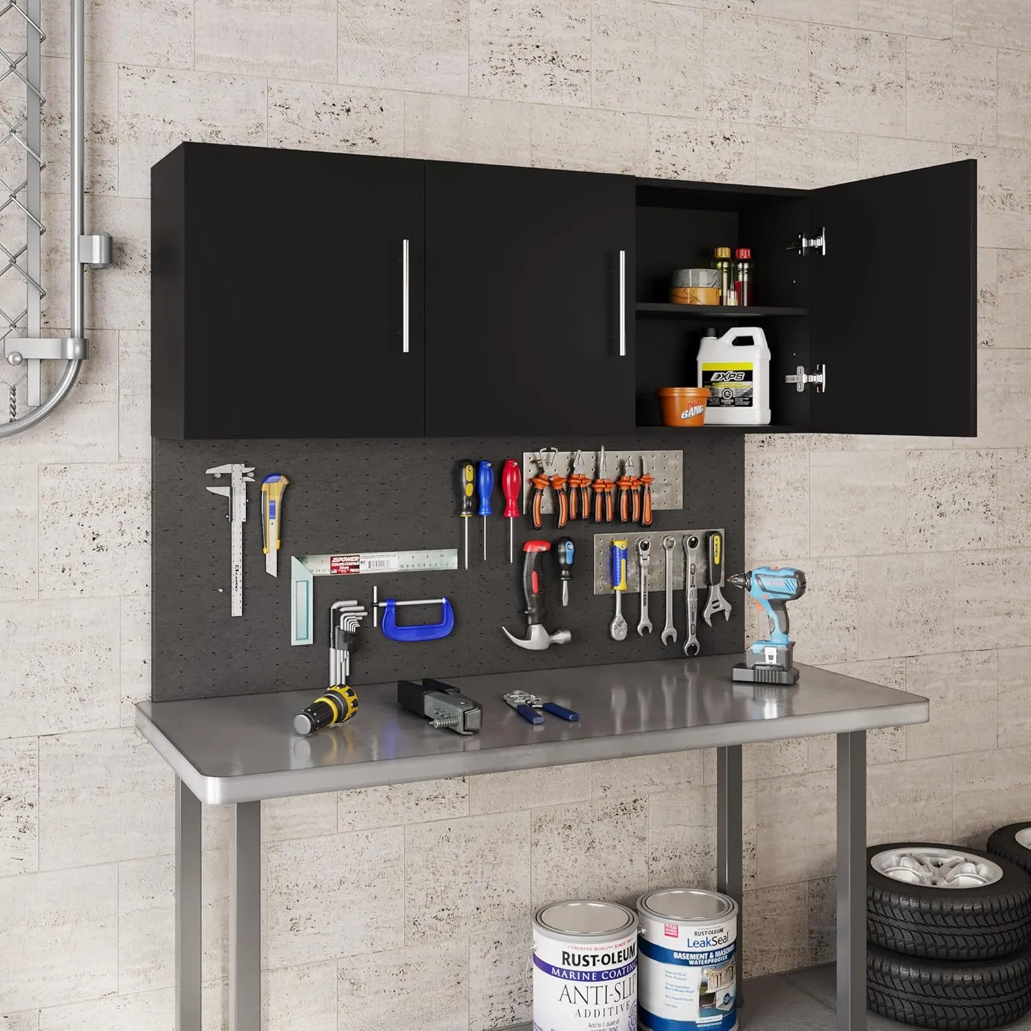 Laundry Room Cabinets, 54" W x 12" D x 20" H Kitchen Wall Cabinets, 3 Doors Bathroom Storage Toilet Cabinet with Adjustable Shelves, Over The Toilet Storage Cabinet, Black