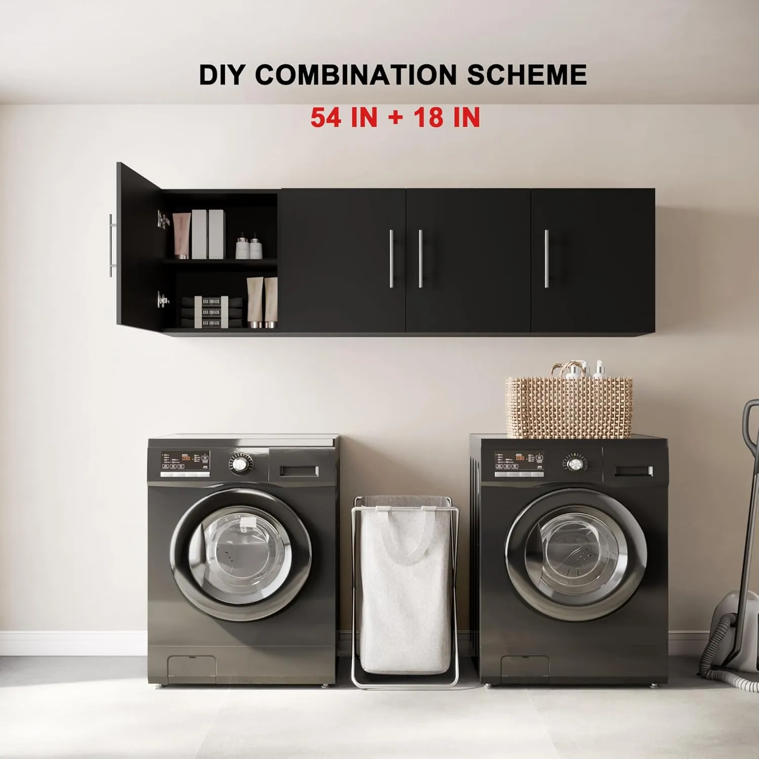 Laundry Room Cabinets, 54" W x 12" D x 20" H Kitchen Wall Cabinets, 3 Doors Bathroom Storage Toilet Cabinet with Adjustable Shelves, Over The Toilet Storage Cabinet, Black