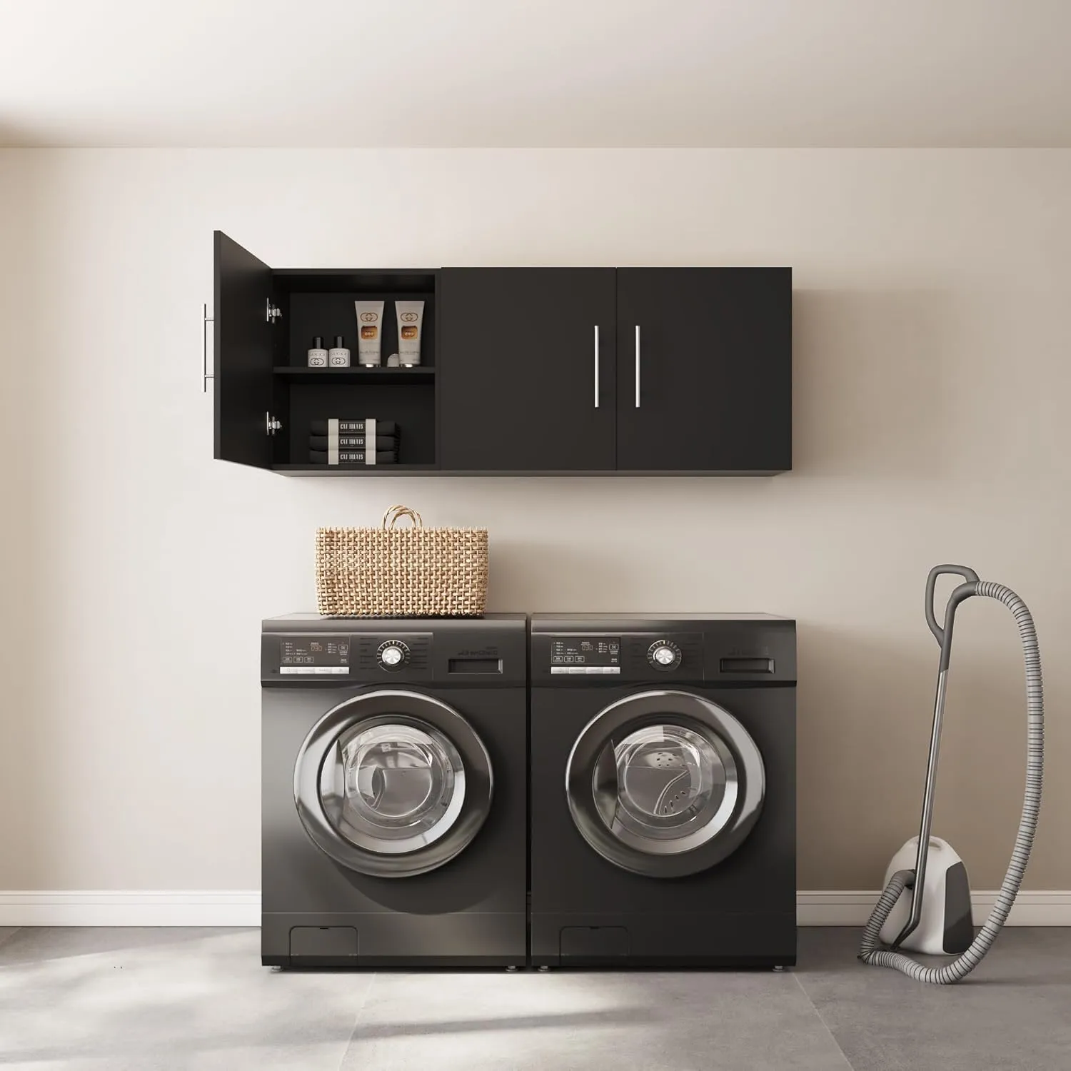 Laundry Room Cabinets, 54" W x 12" D x 20" H Kitchen Wall Cabinets, 3 Doors Bathroom Storage Toilet Cabinet with Adjustable Shelves, Over The Toilet Storage Cabinet, Black