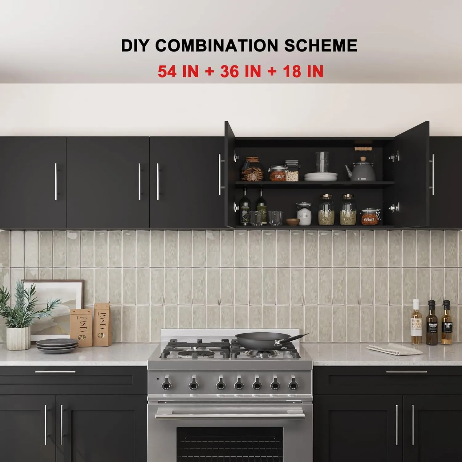 Laundry Room Cabinets, 54" W x 12" D x 20" H Kitchen Wall Cabinets, 3 Doors Bathroom Storage Toilet Cabinet with Adjustable Shelves, Over The Toilet Storage Cabinet, Black