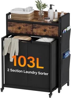 Laundry Sorter 2 Section: Laundry Hamper Basket with Shelf and Wheels - Rolling Laundry Basket Organizer with Drawers and Pull-Out Cart - Clothes Hamper for Laundry Room Bathroom Bedroom