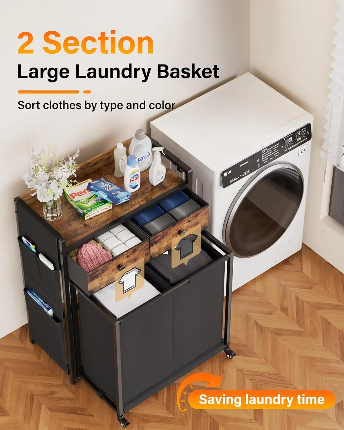 Laundry Sorter 2 Section: Laundry Hamper Basket with Shelf and Wheels - Rolling Laundry Basket Organizer with Drawers and Pull-Out Cart - Clothes Hamper for Laundry Room Bathroom Bedroom