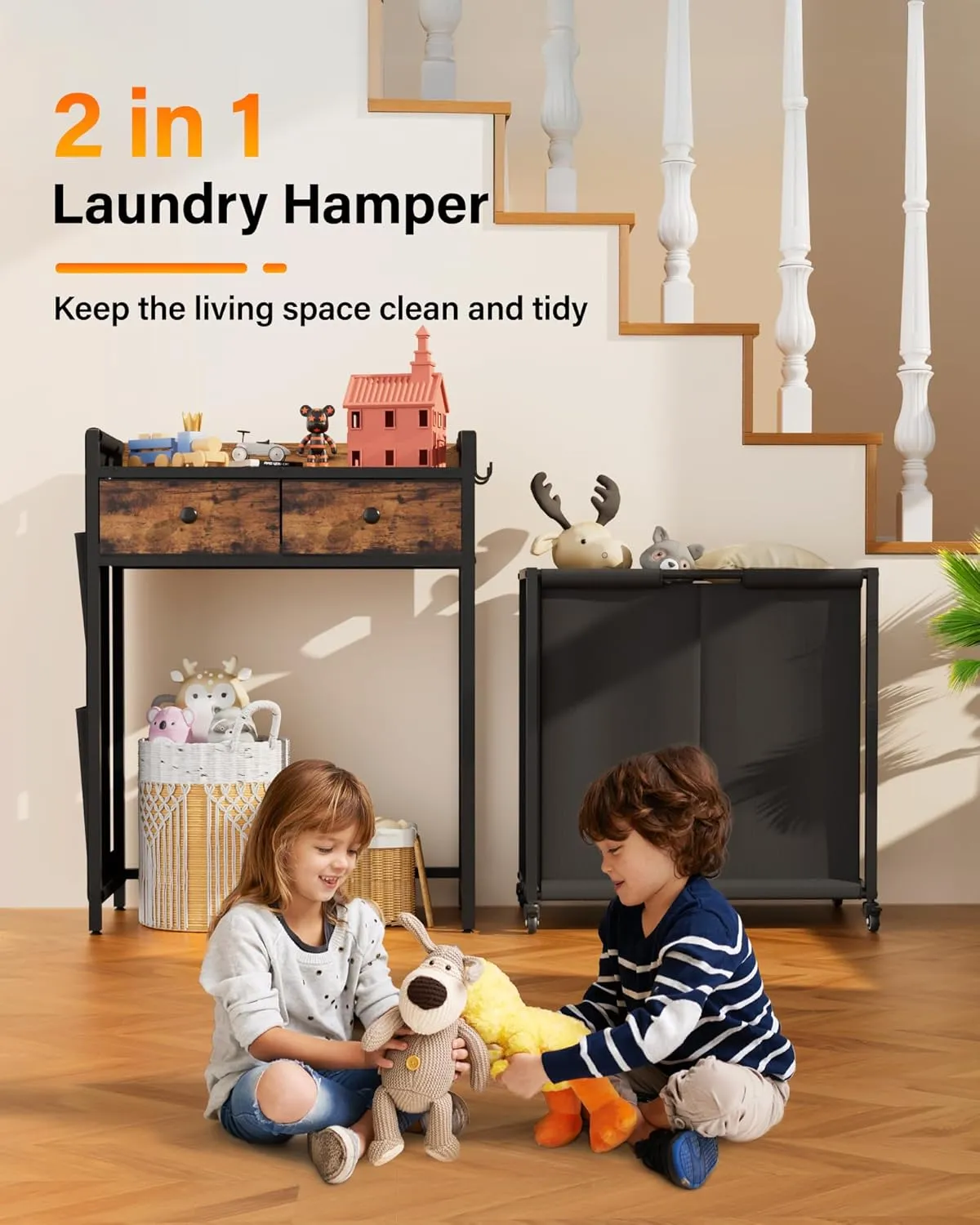 Laundry Sorter 2 Section: Laundry Hamper Basket with Shelf and Wheels - Rolling Laundry Basket Organizer with Drawers and Pull-Out Cart - Clothes Hamper for Laundry Room Bathroom Bedroom