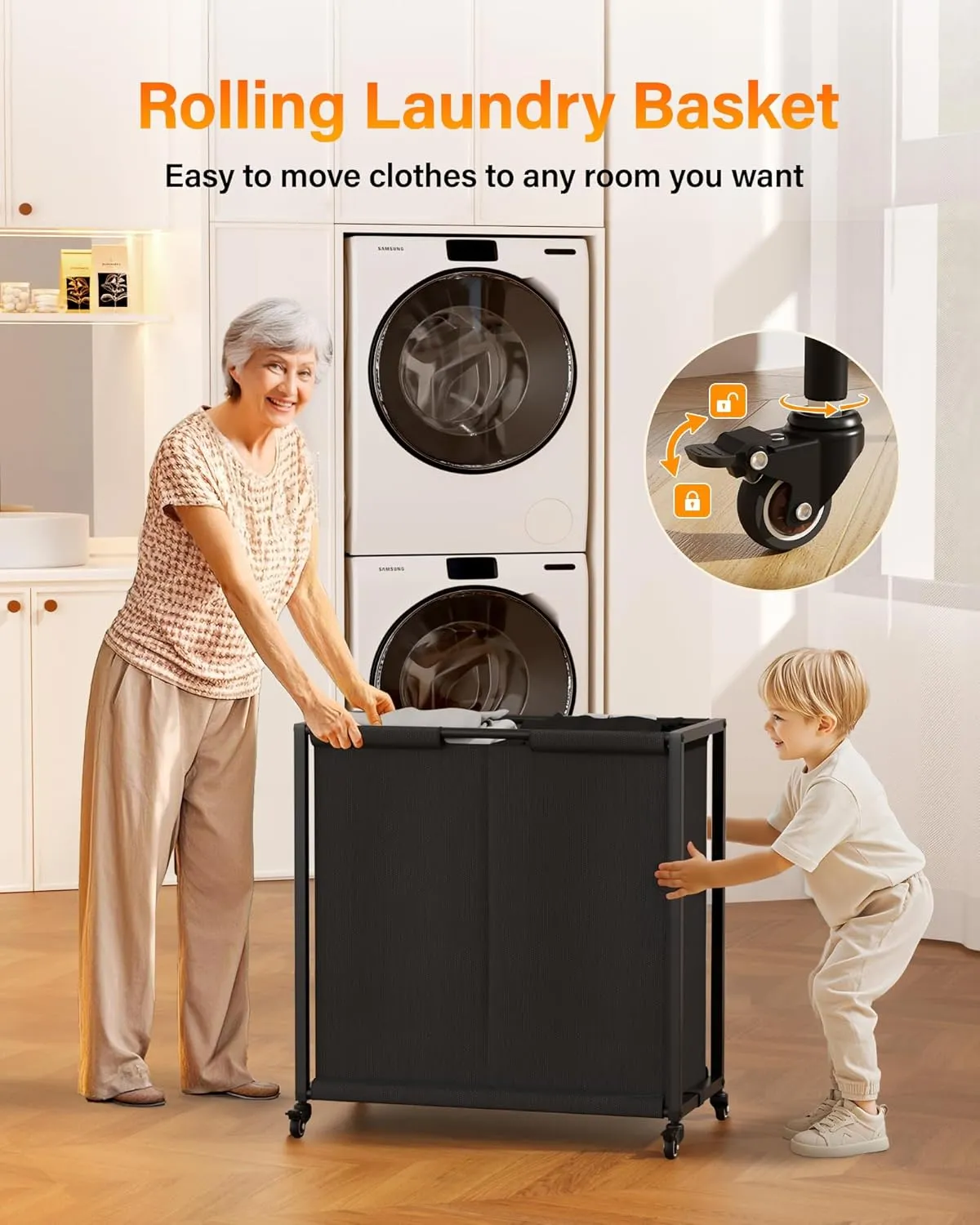 Laundry Sorter 2 Section: Laundry Hamper Basket with Shelf and Wheels - Rolling Laundry Basket Organizer with Drawers and Pull-Out Cart - Clothes Hamper for Laundry Room Bathroom Bedroom