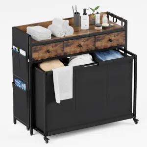 Laundry Sorter 3 Section: Rolling Laundry Basket Organizer with Wheels - Hamper with Shelf and Drawers for Room Organization and Storage