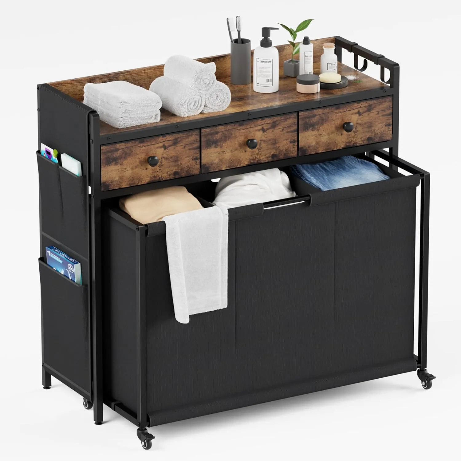 Laundry Sorter 3 Section: Rolling Laundry Basket Organizer with Wheels - Hamper with Shelf and Drawers for Room Organization and Storage