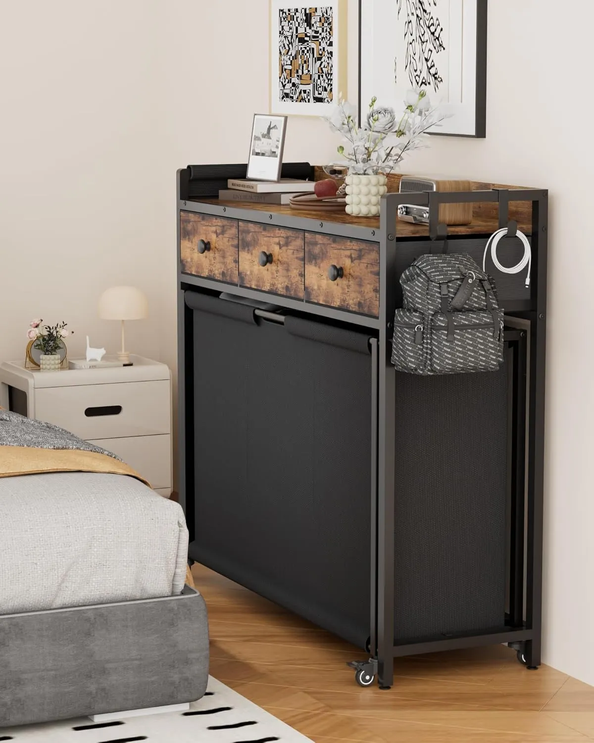 Laundry Sorter 3 Section: Rolling Laundry Basket Organizer with Wheels - Hamper with Shelf and Drawers for Room Organization and Storage