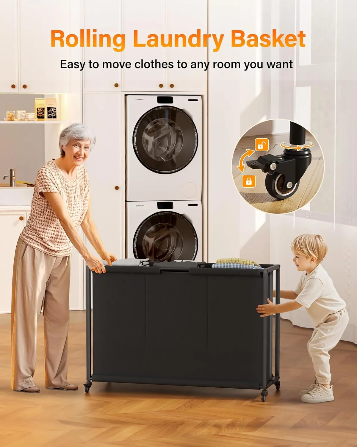 Laundry Sorter 3 Section: Rolling Laundry Basket Organizer with Wheels - Hamper with Shelf and Drawers for Room Organization and Storage