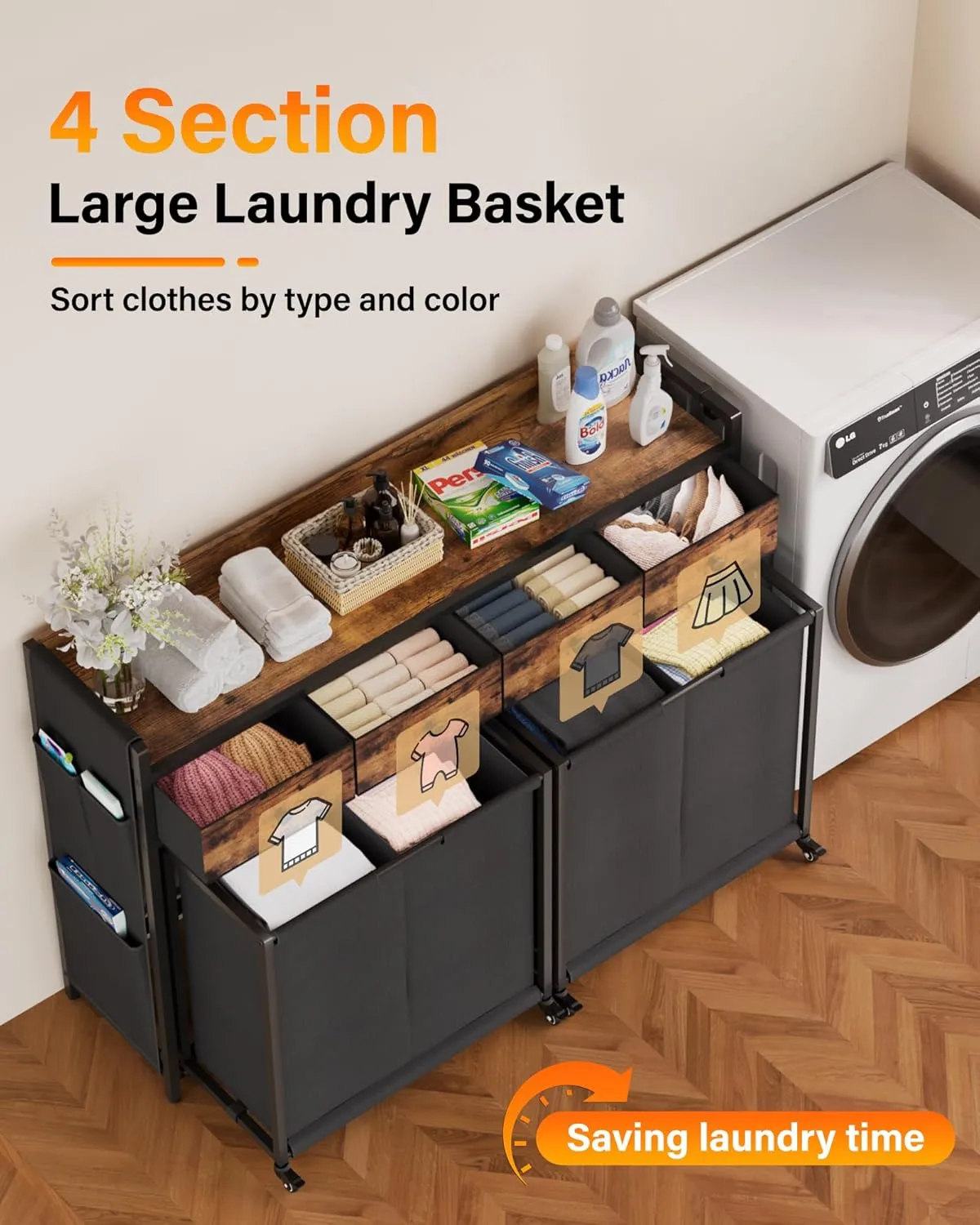 Laundry Sorter 4 Section: Laundry Hamper Basket with Shelf and Wheels - Rolling Laundry Basket Organizer with Drawers and Pull-Out Cart - Clothes Hamper for Laundry Room Bathroom Bedroom