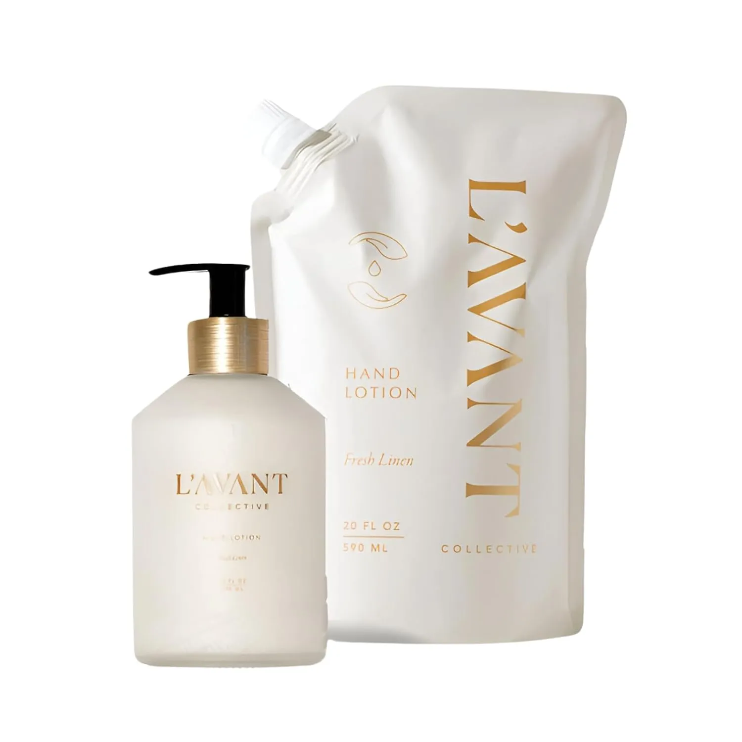L'AVANT Collective Luxury Hand Lotion & Refill Bundle Fresh Linen | High Performing with Aloe Leaf Juice Notes of Bamboo, Ylang Ylang, Jasmine, Geranium, Sage Reusable Glass Bottle Home Decor Gifts