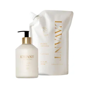 L'AVANT Collective Luxury Hand Lotion & Refill Bundle Fresh Linen | High Performing with Aloe Leaf Juice Notes of Bamboo, Ylang Ylang, Jasmine, Geranium, Sage Reusable Glass Bottle Home Decor Gifts