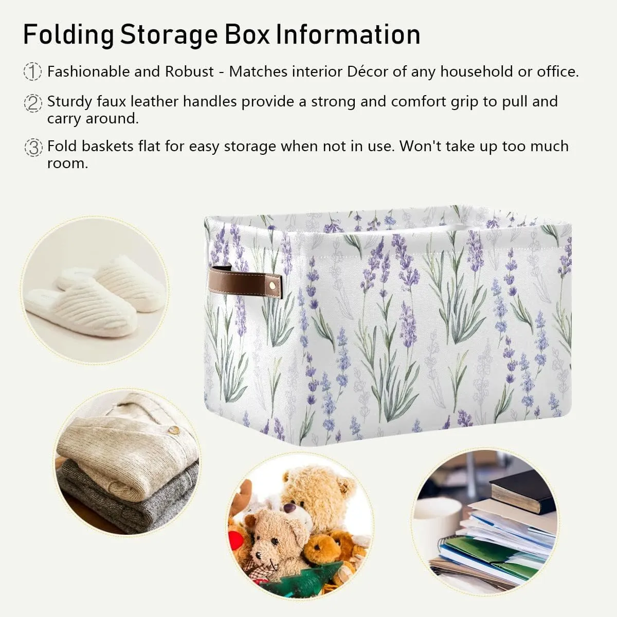Lavender Fabric Storage Bin, Foldable Organizer Bag for Baby Cloth, Dog Toy, Book Storage Cubes, Shelf Closet Basket - 16x12x8