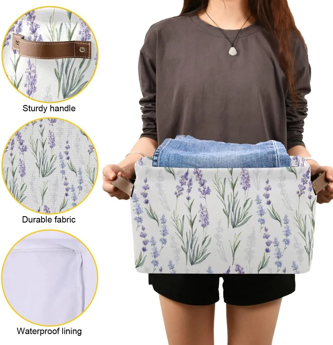 Lavender Fabric Storage Bin, Foldable Organizer Bag for Baby Cloth, Dog Toy, Book Storage Cubes, Shelf Closet Basket - 16x12x8