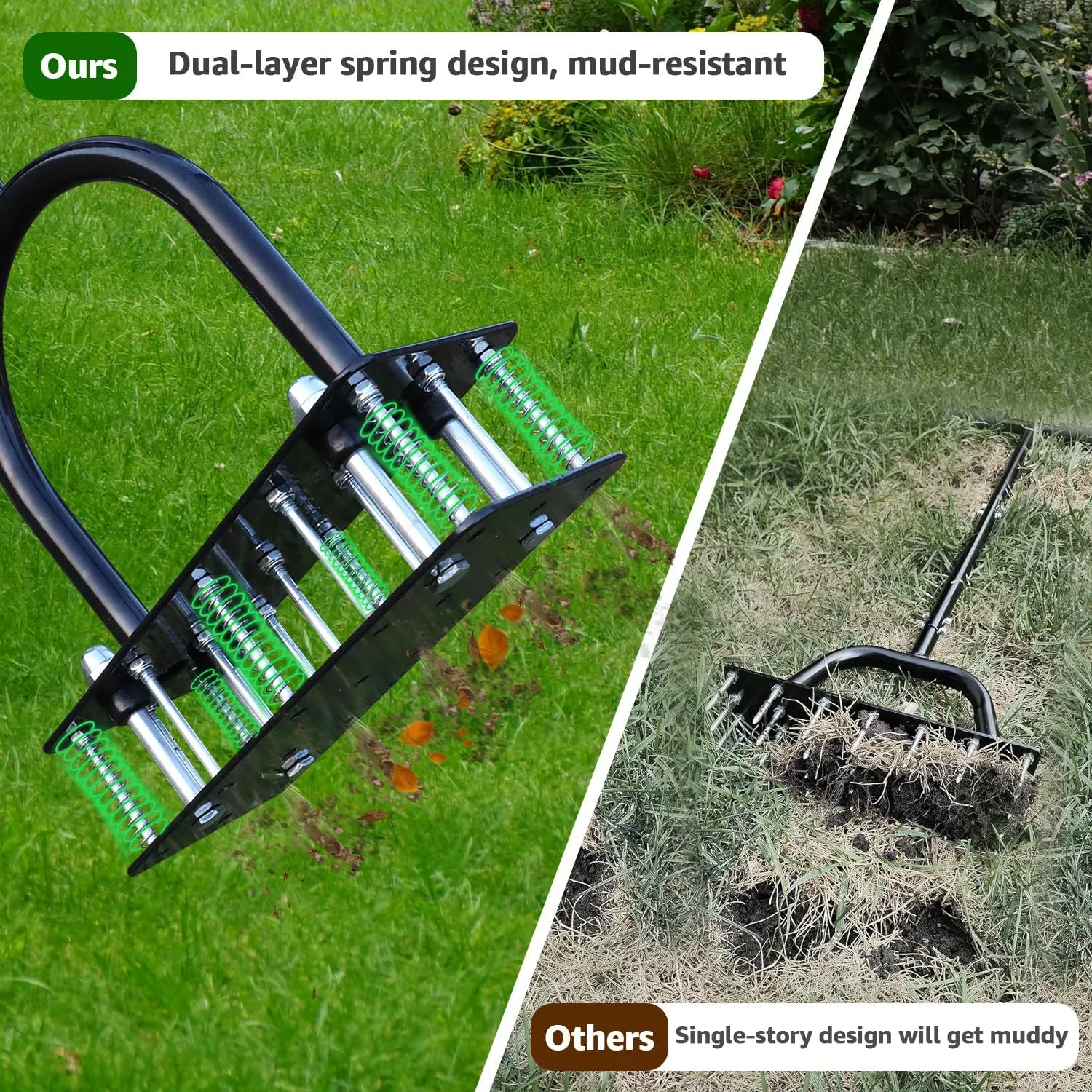 Lawn Aerator - Aerator Lawn Tool, Automatic Dirt and Leaf Clean Design, Heavy Duty Manual Lawn Aerator Tool with 15 Iron Spikes, Height Adjustable, Yard Grass Aerator for Lawn(Black)