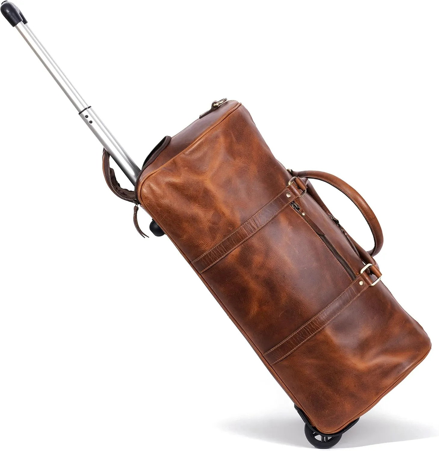 Leather Rolling Travel Duffle Bag for Men Women 21 inch with wheels Sports Overnight Weekend Duffel Gym Cabin Holdall with wheels for easy carry