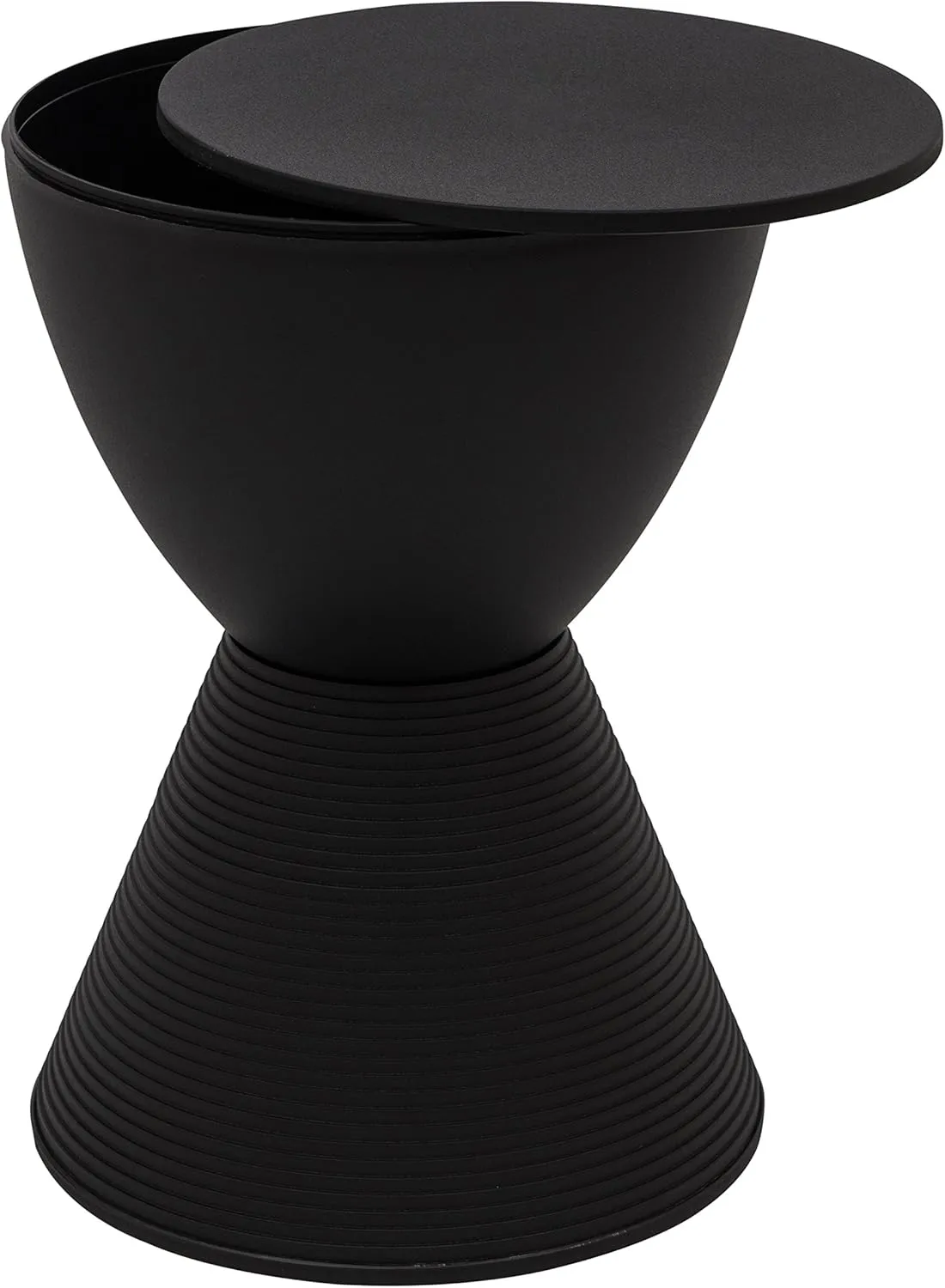 LeisureMod Black Side Table – Modern Hourglass Drum End Table with Storage, Removable Lid – Compact Accent Table for Indoor & Outdoor Use