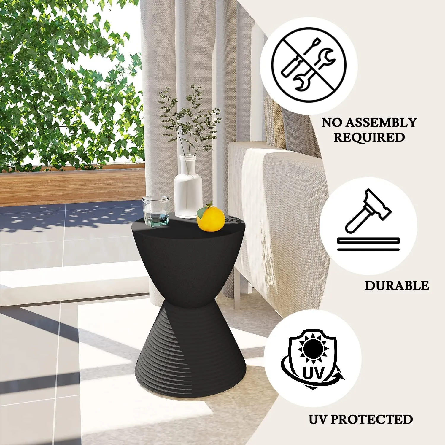 LeisureMod Black Side Table – Modern Hourglass Drum End Table with Storage, Removable Lid – Compact Accent Table for Indoor & Outdoor Use