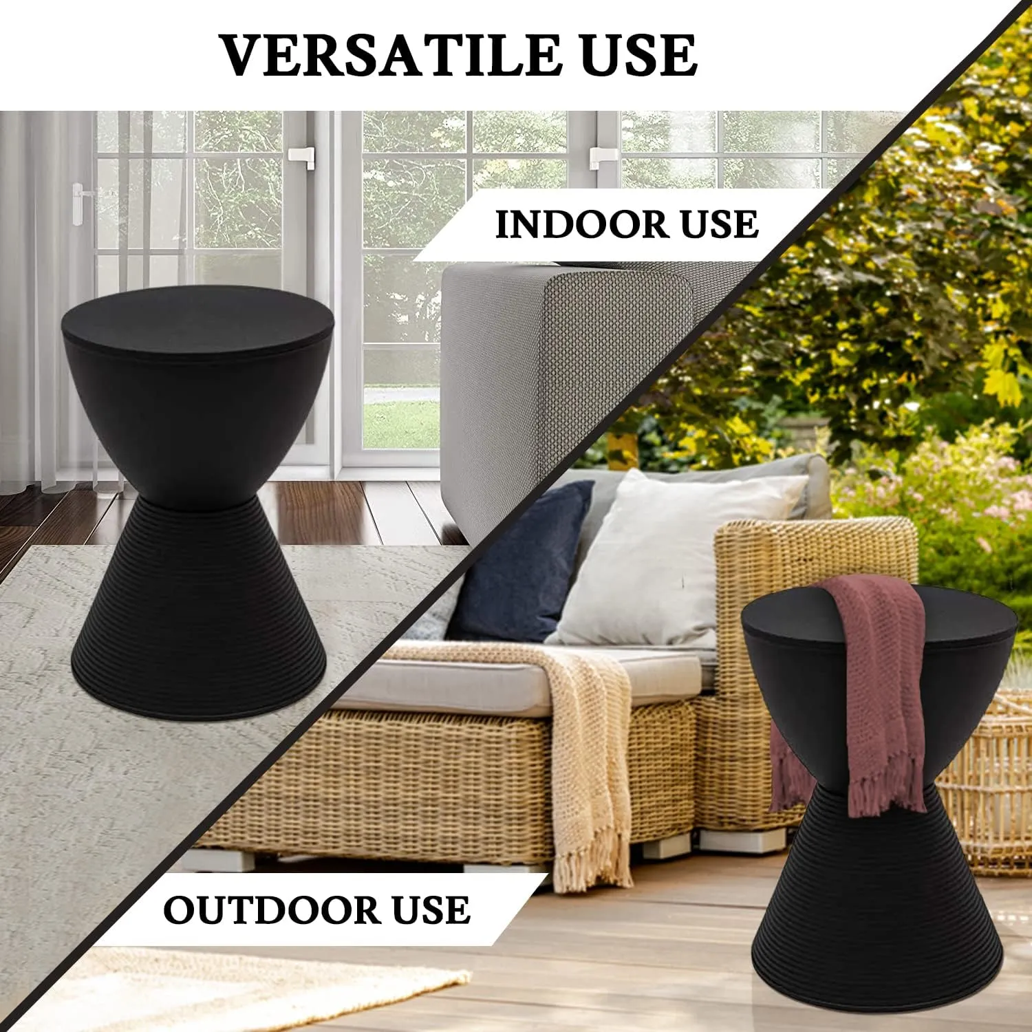 LeisureMod Black Side Table – Modern Hourglass Drum End Table with Storage, Removable Lid – Compact Accent Table for Indoor & Outdoor Use