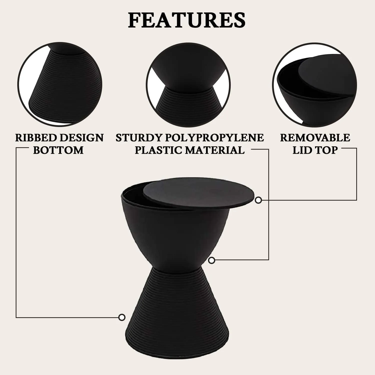 LeisureMod Black Side Table – Modern Hourglass Drum End Table with Storage, Removable Lid – Compact Accent Table for Indoor & Outdoor Use