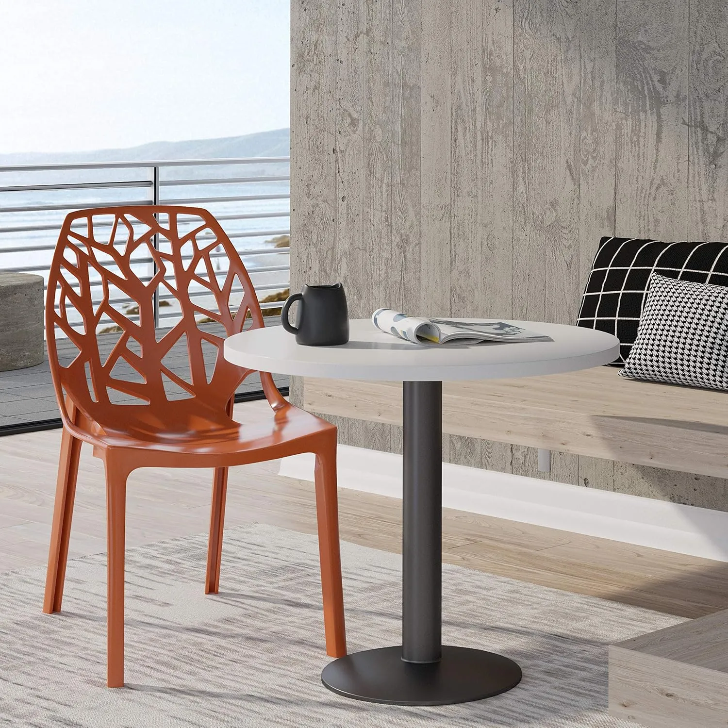 LeisureMod Modern Dining Chairs with Cut-Out Tree Design, Solid Orange