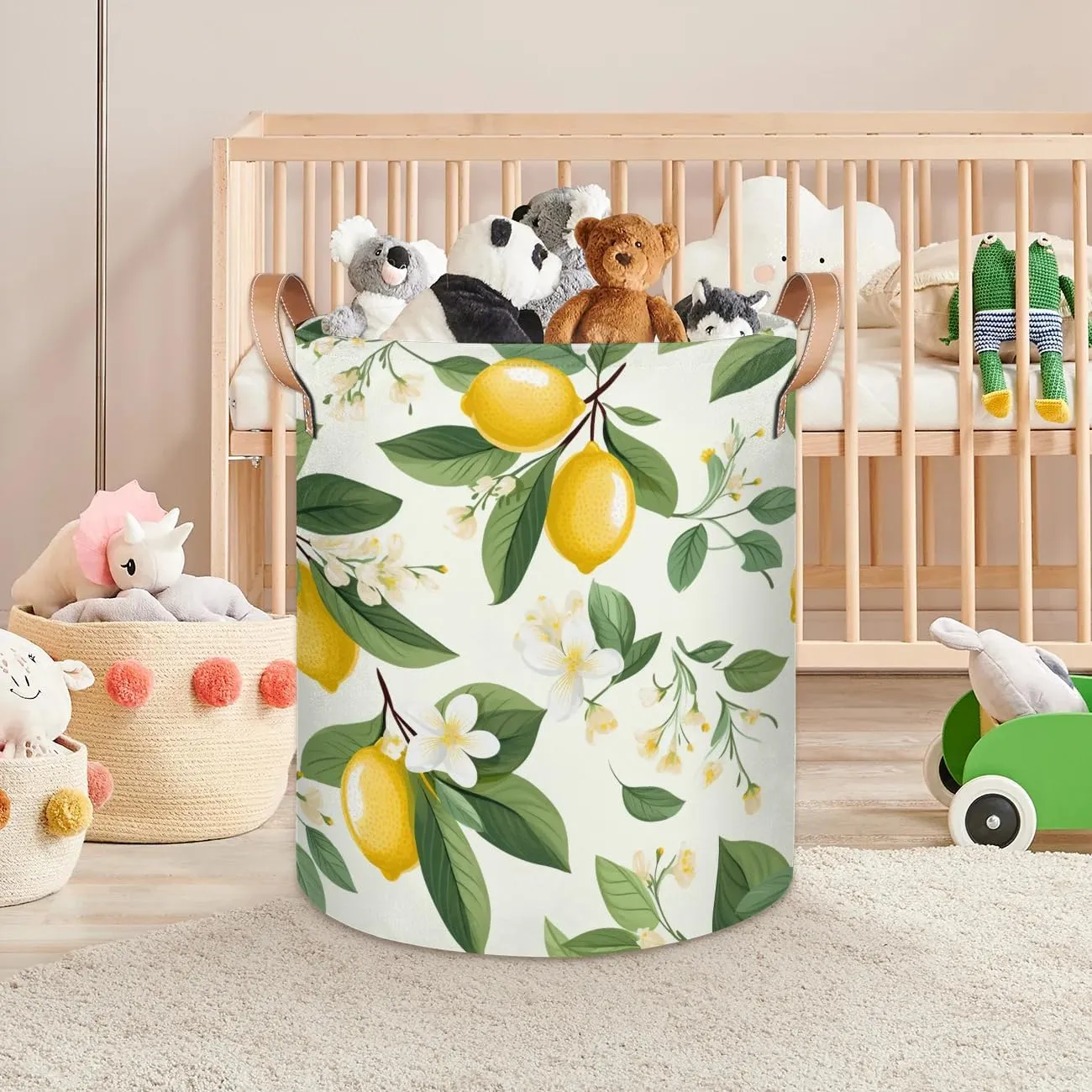 Lemon Flowers Laundry Hamper with Handles, Large Collapsible Laundry Basket Waterproof Decorative Washing Bag for Clothes, Bathroom, Bedrooms, Laundry Room