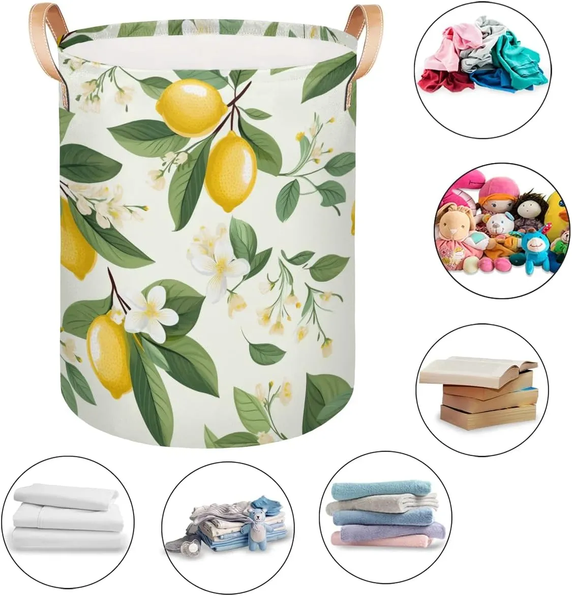 Lemon Flowers Laundry Hamper with Handles, Large Collapsible Laundry Basket Waterproof Decorative Washing Bag for Clothes, Bathroom, Bedrooms, Laundry Room