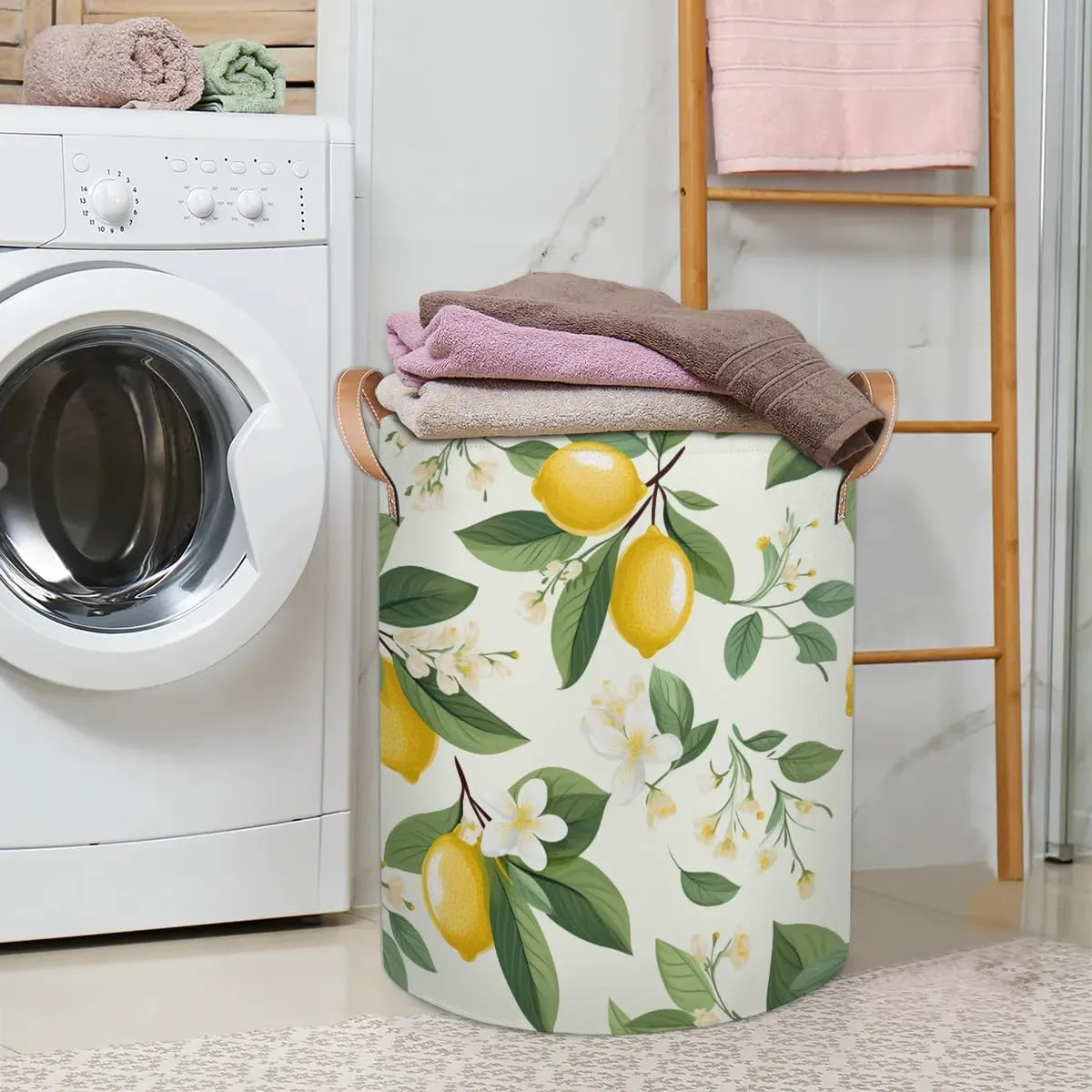 Lemon Flowers Laundry Hamper with Handles, Large Collapsible Laundry Basket Waterproof Decorative Washing Bag for Clothes, Bathroom, Bedrooms, Laundry Room