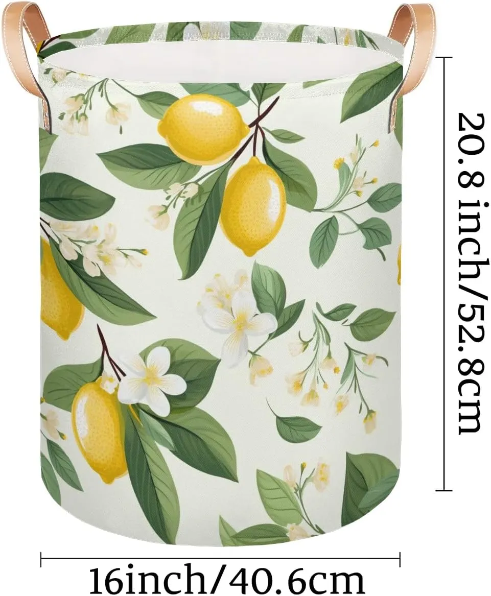 Lemon Flowers Laundry Hamper with Handles, Large Collapsible Laundry Basket Waterproof Decorative Washing Bag for Clothes, Bathroom, Bedrooms, Laundry Room