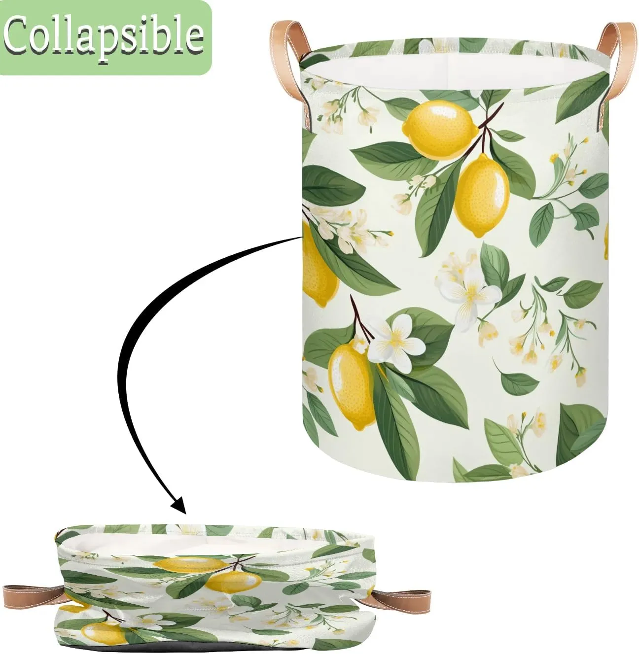 Lemon Flowers Laundry Hamper with Handles, Large Collapsible Laundry Basket Waterproof Decorative Washing Bag for Clothes, Bathroom, Bedrooms, Laundry Room