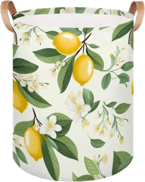 Lemon Flowers Laundry Hamper with Handles, Large Collapsible Laundry Basket Waterproof Decorative Washing Bag for Clothes, Bathroom, Bedrooms, Laundry Room