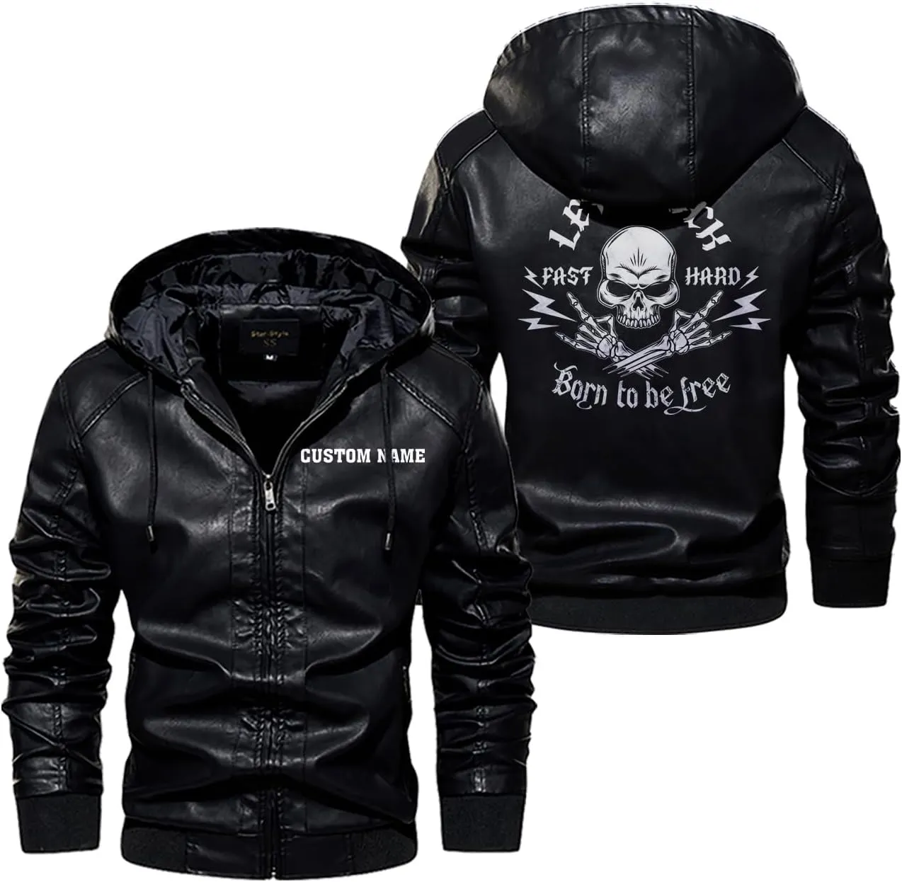 Let's Rock, Fast and Hard, Born to be Free, Music Skull Rocker, Motorcycle Custom Men PU Leather Vest Jacket