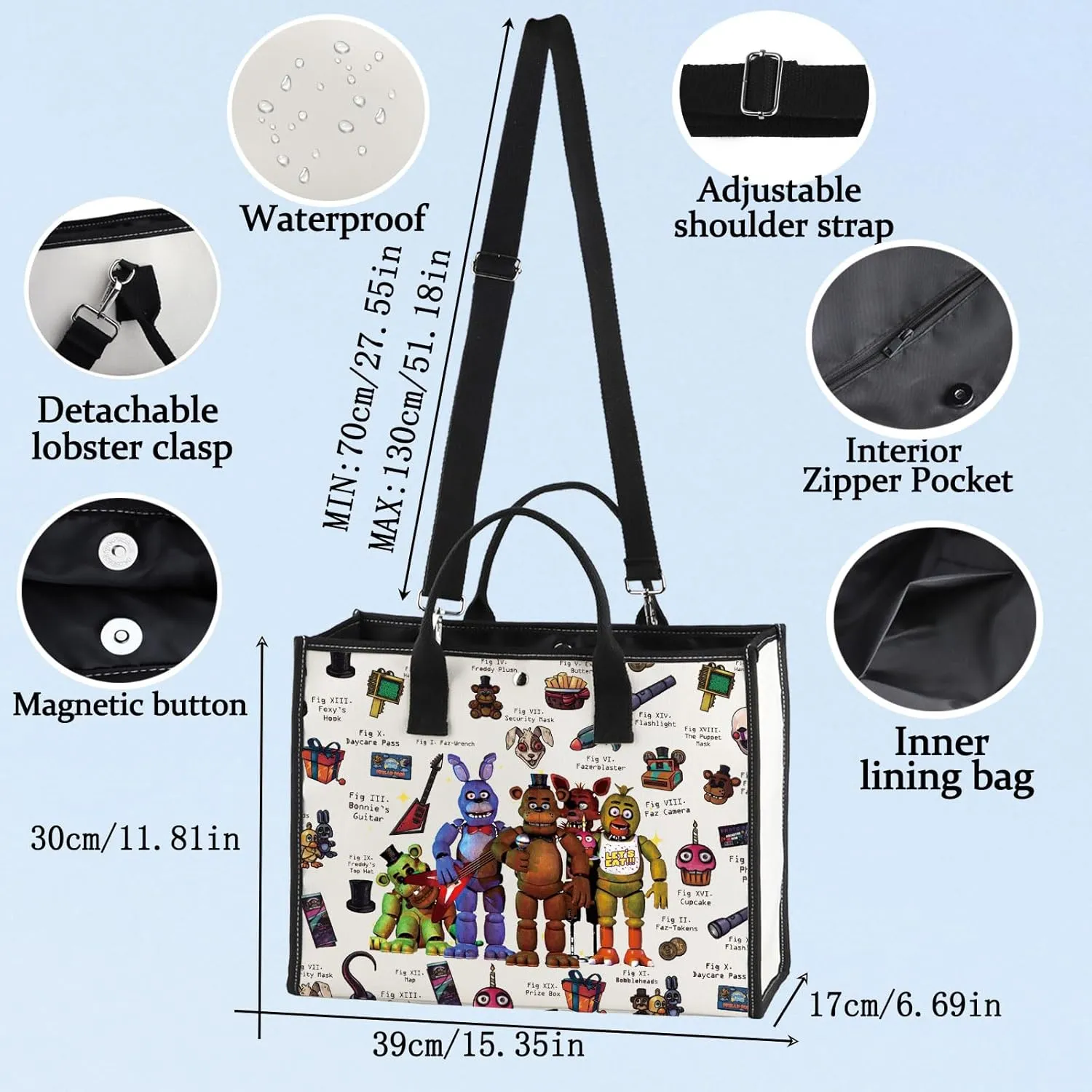 LEVLO Freddy Bear Tote Bag - Horror Movie Fan Gift - Freddy Fazbear's Pizza Bear Shoulder Bag - Foxy & The Mangle Lover Merch