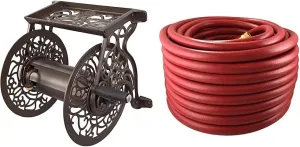 Liberty GARDEN 704 Decorative Cast Aluminum Wall Mount Garden Hose Reel, Holds 125-Feet of 5/8-Inch Hose - Bronze & Flexon FA58100CN Farm and Ranch Garden Hose, 100 ft, Red