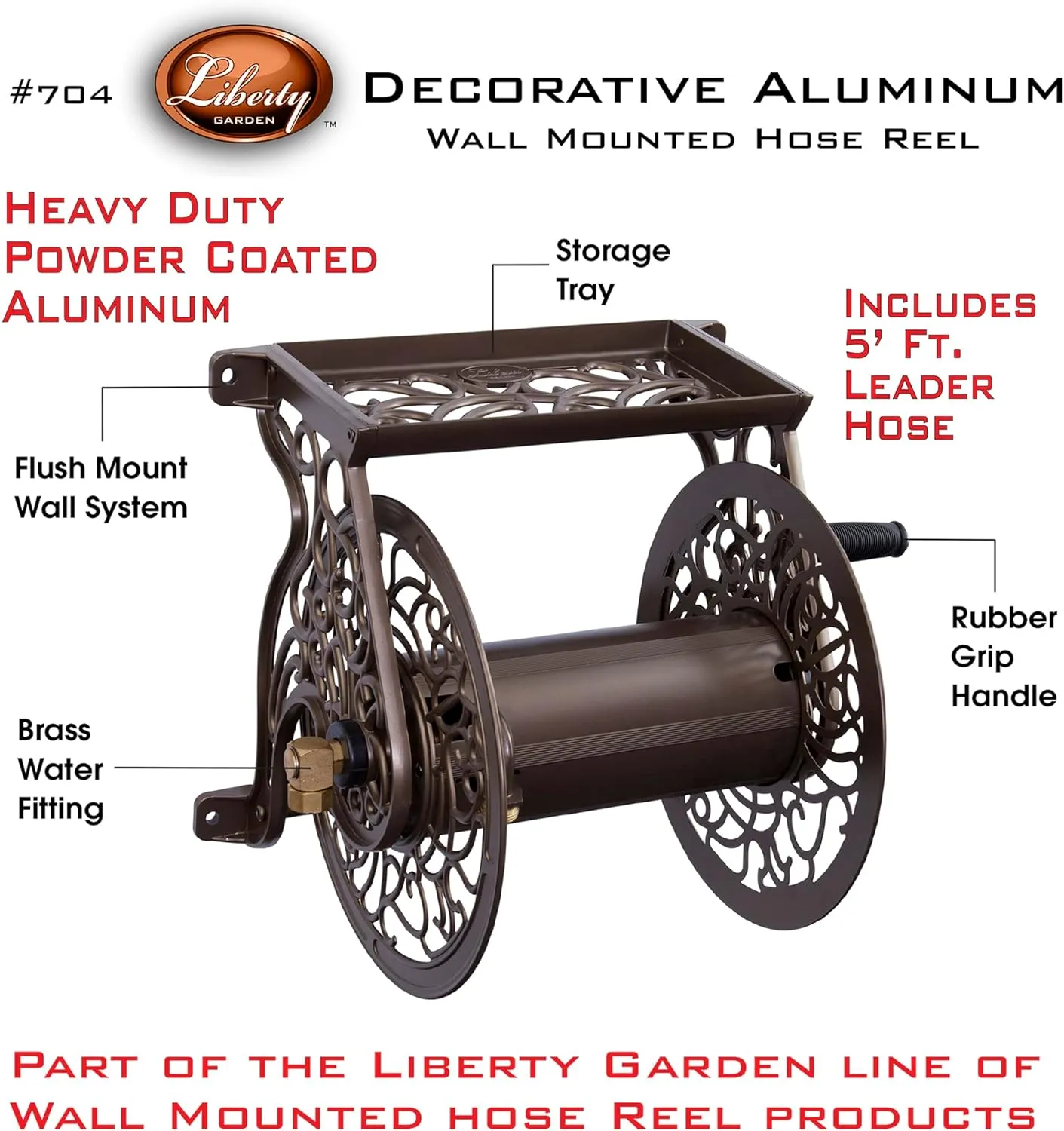 Liberty GARDEN 704 Decorative Cast Aluminum Wall Mount Garden Hose Reel, Holds 125-Feet of 5/8-Inch Hose - Bronze & Flexon FA58100CN Farm and Ranch Garden Hose, 100 ft, Red
