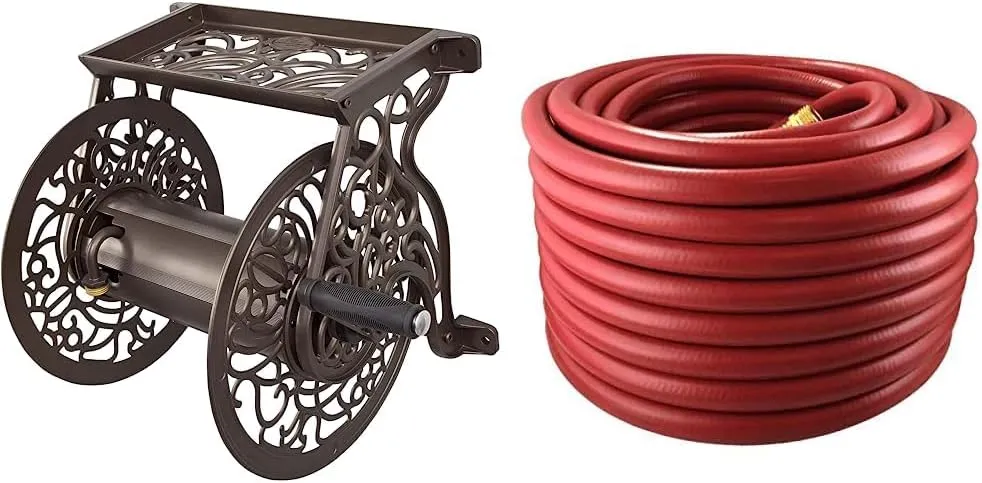 Liberty GARDEN 704 Decorative Cast Aluminum Wall Mount Garden Hose Reel, Holds 125-Feet of 5/8-Inch Hose - Bronze & Flexon FA58100CN Farm and Ranch Garden Hose, 100 ft, Red