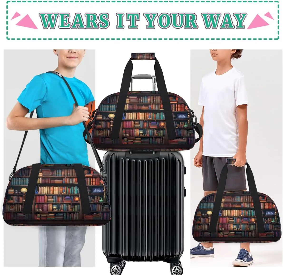 Library Kids Overnighter Duffel Bags for Boys, Carry-On Size Sports Gym Bag with Front Zipper Pocket for School Practice or Overnight Travel Weekender Sleepover Tote Bag