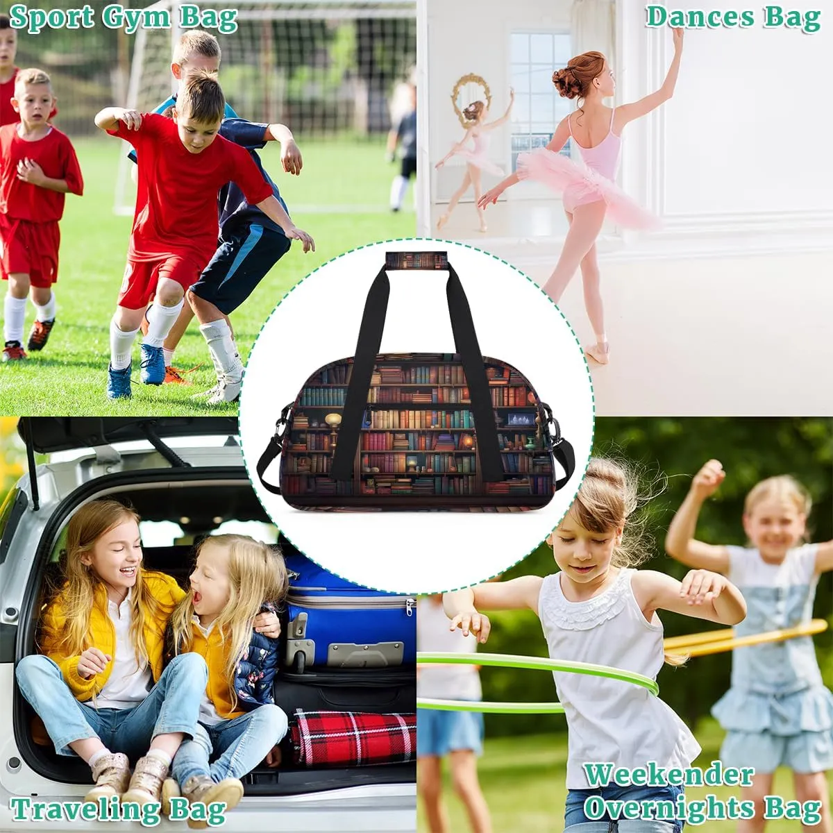 Library Kids Overnighter Duffel Bags for Boys, Carry-On Size Sports Gym Bag with Front Zipper Pocket for School Practice or Overnight Travel Weekender Sleepover Tote Bag