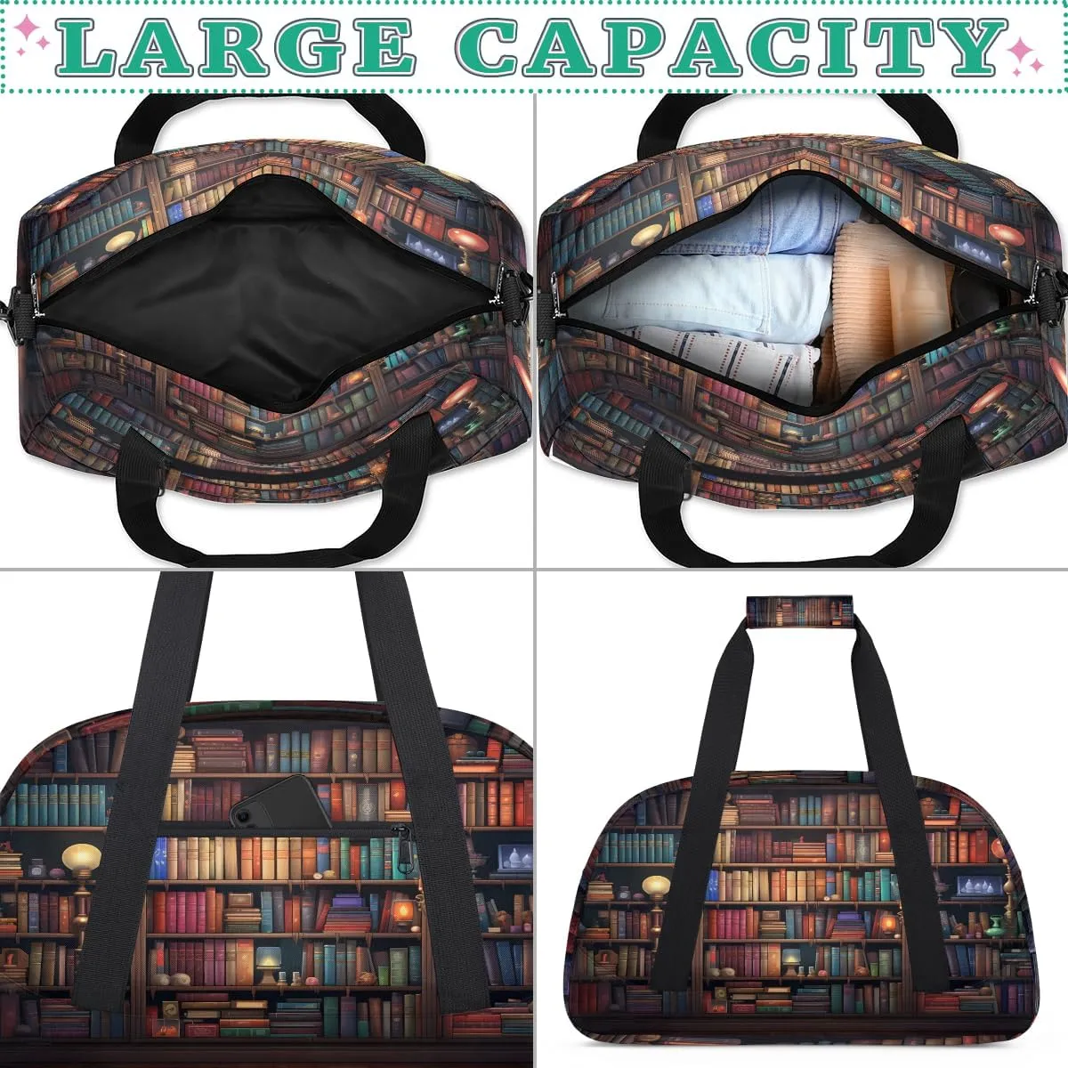 Library Kids Overnighter Duffel Bags for Boys, Carry-On Size Sports Gym Bag with Front Zipper Pocket for School Practice or Overnight Travel Weekender Sleepover Tote Bag