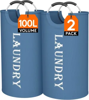 Lifewit 100L 2-Pack Large Laundry Basket, Collapsible Laundry Hamper with Aluminum Handles, Waterproof Freestanding Dirty Clothes Hampers for Laundry Room Bedroom Dorm Bathroom, Blue