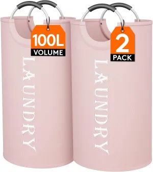 Lifewit 100L 2-Pack Large Laundry Basket, Collapsible Laundry Hamper with Aluminum Handles, Waterproof Freestanding Dirty Clothes Hampers for Laundry Room Bedroom Dorm Bathroom, Pink
