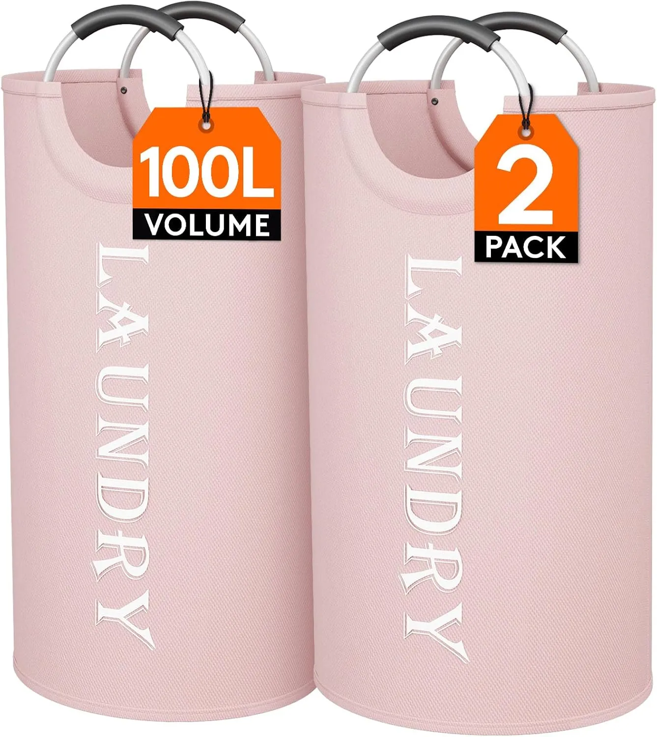 Lifewit 100L 2-Pack Large Laundry Basket, Collapsible Laundry Hamper with Aluminum Handles, Waterproof Freestanding Dirty Clothes Hampers for Laundry Room Bedroom Dorm Bathroom, Pink