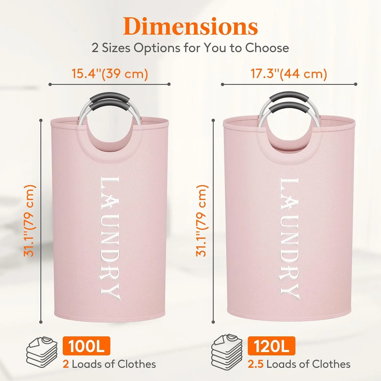 Lifewit 100L 2-Pack Large Laundry Basket, Collapsible Laundry Hamper with Aluminum Handles, Waterproof Freestanding Dirty Clothes Hampers for Laundry Room Bedroom Dorm Bathroom, Pink