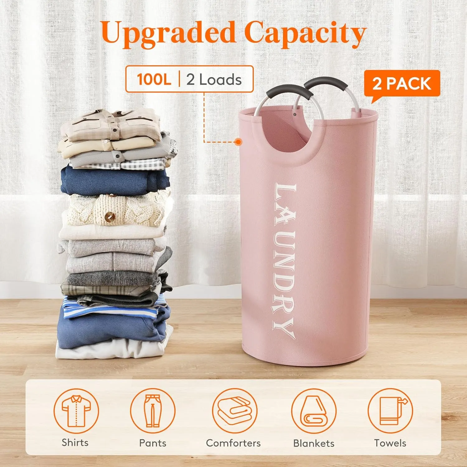 Lifewit 100L 2-Pack Large Laundry Basket, Collapsible Laundry Hamper with Aluminum Handles, Waterproof Freestanding Dirty Clothes Hampers for Laundry Room Bedroom Dorm Bathroom, Pink