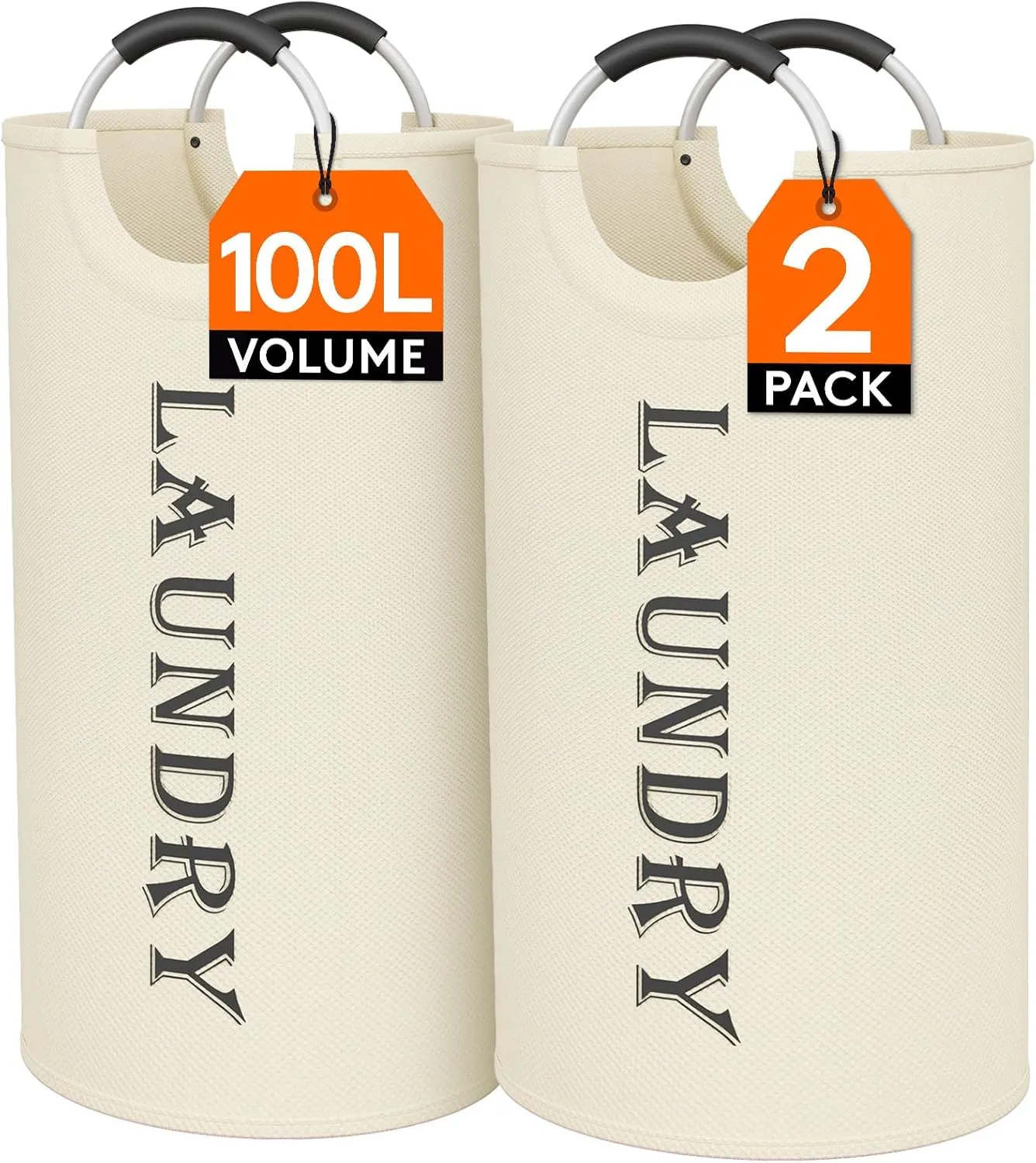 Lifewit 100L 2-Pack Large Laundry Basket, Collapsible Laundry Hamper with Aluminum Handles, Waterproof Freestanding Dirty Clothes Hampers for Laundry Room Bedroom Dorm Bathroom, White