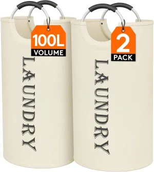 Lifewit 100L 2-Pack Large Laundry Basket, Collapsible Laundry Hamper with Aluminum Handles, Waterproof Freestanding Dirty Clothes Hampers for Laundry Room Bedroom Dorm Bathroom, White
