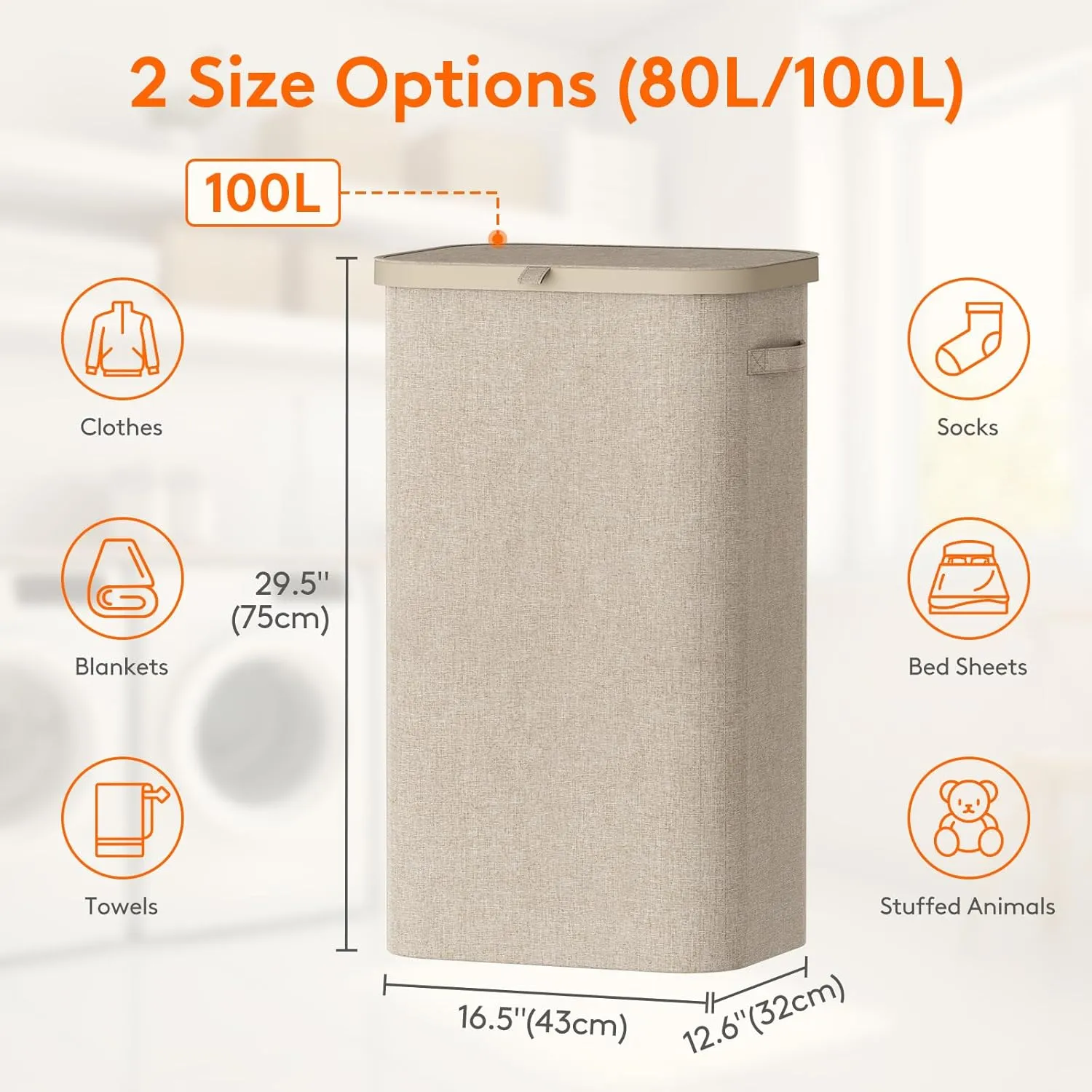 Lifewit 100L Laundry Basket with Lid, Large Laundry Hamper with Plastic Handles and Removable Bag, Foldable Tall Dirty Clothes Hampers for Laundry for Laundry Room, Bedroom, Bathroom, Dorm,Beige
