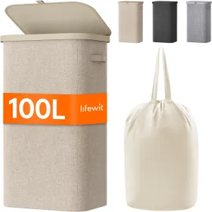 Lifewit 100L Laundry Basket with Lid, Large Laundry Hamper with Plastic Handles and Removable Bag, Foldable Tall Dirty Clothes Hampers for Laundry for Laundry Room, Bedroom, Bathroom, Dorm,Beige
