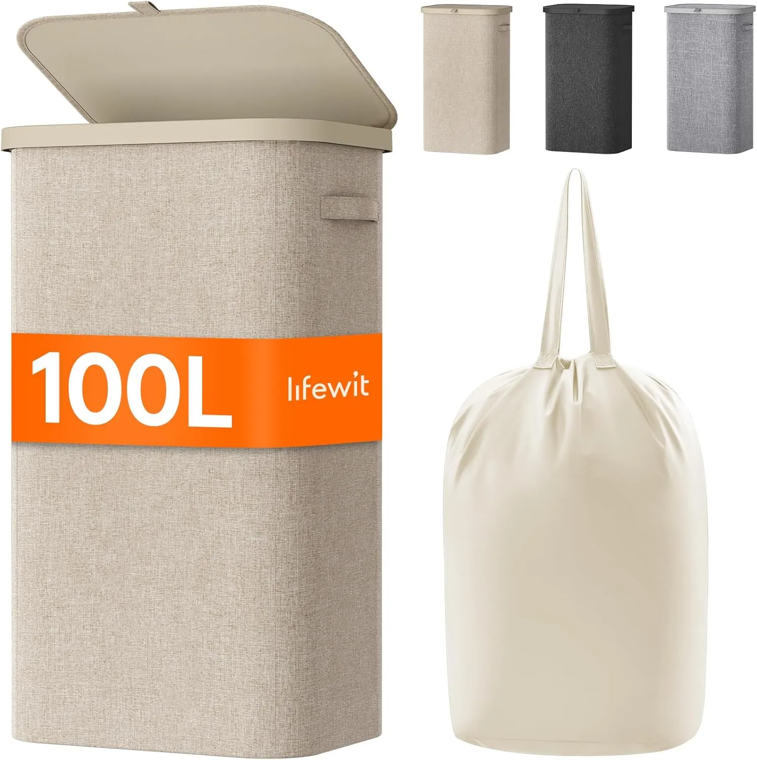 Lifewit 100L Laundry Basket with Lid, Large Laundry Hamper with Plastic Handles and Removable Bag, Foldable Tall Dirty Clothes Hampers for Laundry for Laundry Room, Bedroom, Bathroom, Dorm,Beige