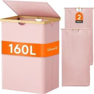 Lifewit 160L Double Laundry Hamper with Lid, Extra Large Bamboo Laundry Basket Dirty Clothes Hamper, 2 Section Laundry Bin Organizer for Laundry Room Bedroom with 2 Removable Liners & Bags, Pink