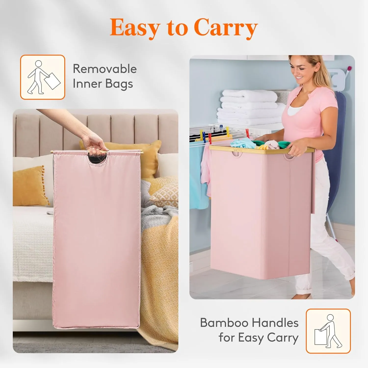 Lifewit 160L Double Laundry Hamper with Lid, Extra Large Bamboo Laundry Basket Dirty Clothes Hamper, 2 Section Laundry Bin Organizer for Laundry Room Bedroom with 2 Removable Liners & Bags, Pink